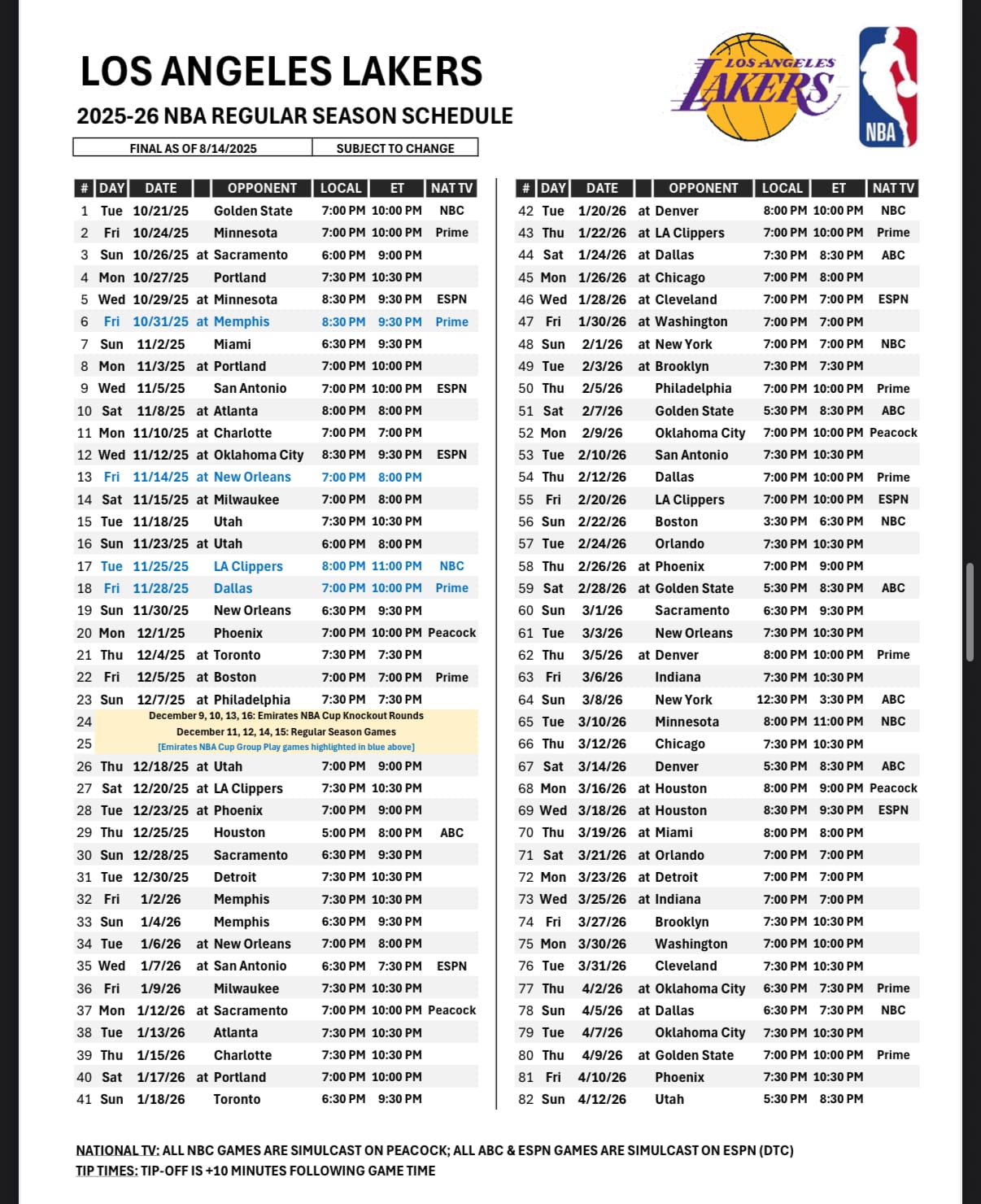 Lakers 2025 26 Regular Season Schedule